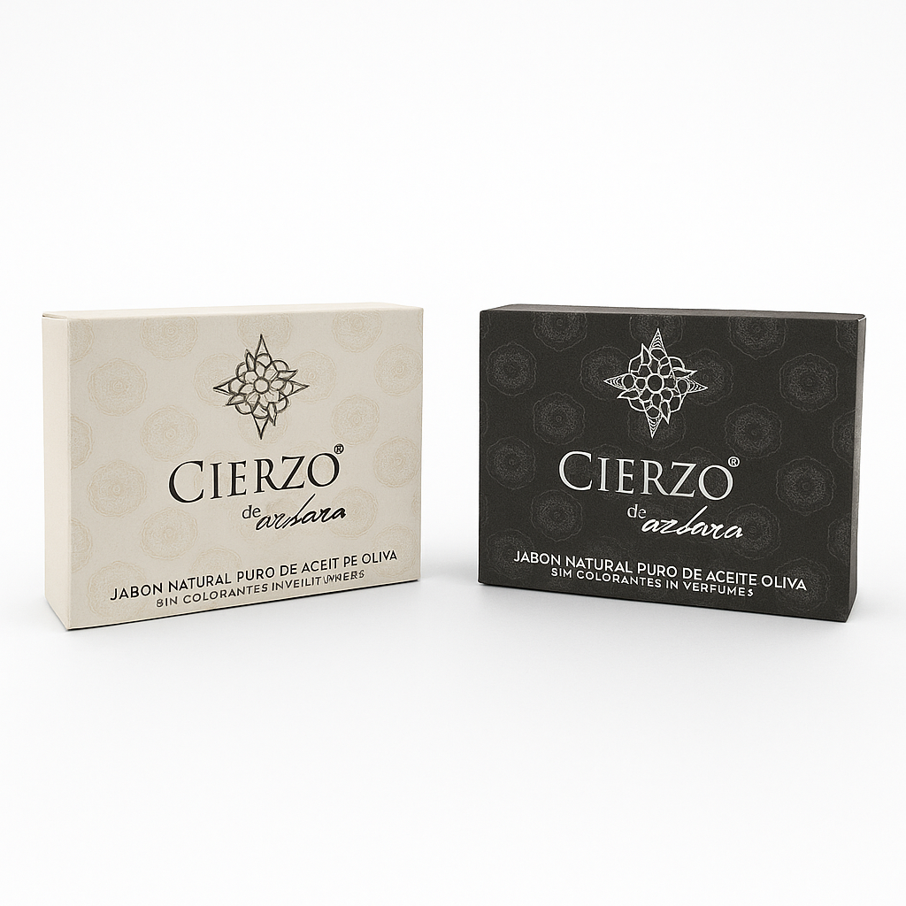 Dos jabones Cierzo de azahar: uno con vitaminas y otro con carbón activo, sobre fondo blanco.