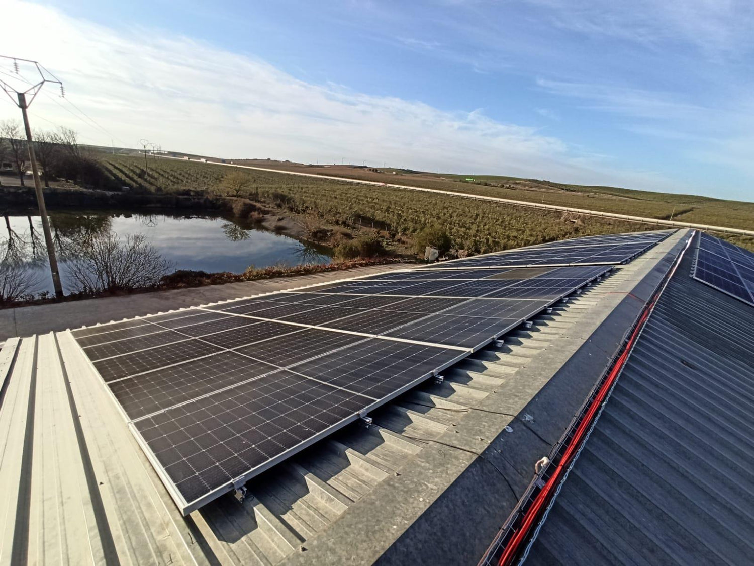 Paneles solares en tejado con fondo de campo de olivos y estanque
