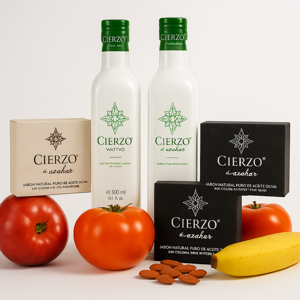 Botellas de aceite de oliva Cierzo y jabones naturales sobre fondo blanco, acompañados de tomates, plátano y almendras.